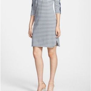 Eliza J blue and white striped dress with lace detail on sleeves size 10